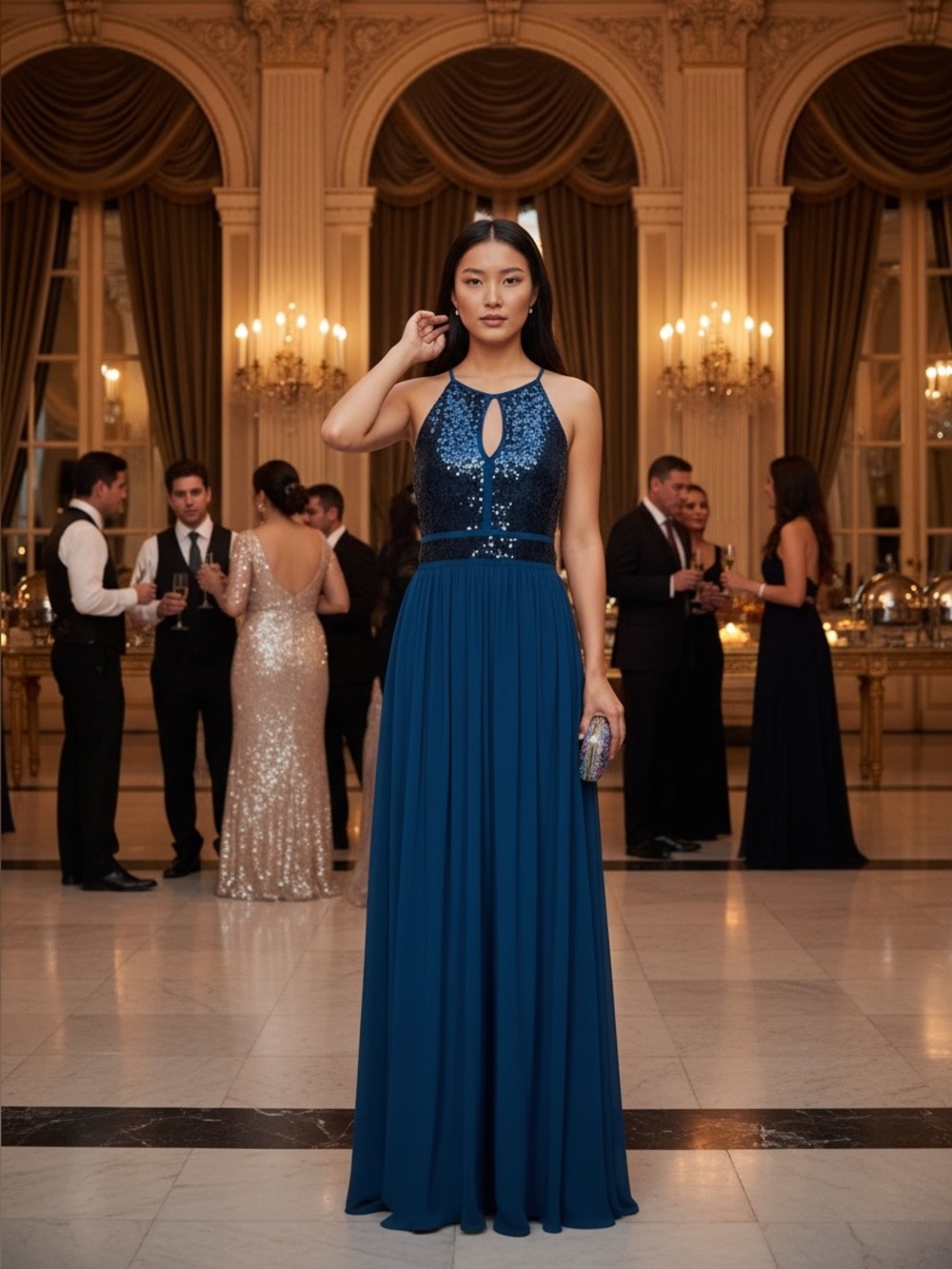 Morgan & Co. Sequin A-Line Gown in Peacock Blue NWT